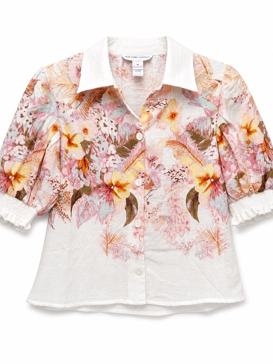 New York & Company Tops - New York Company White Floral Button-Front Top - Pink & Yellow